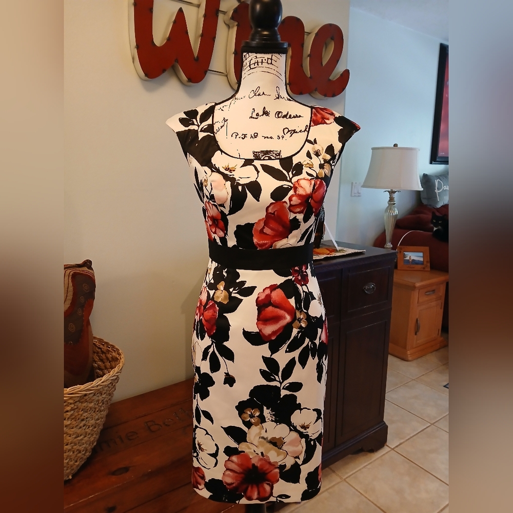 White House Black Market Red / Fusia and Black Sleeveless Sheath Dress